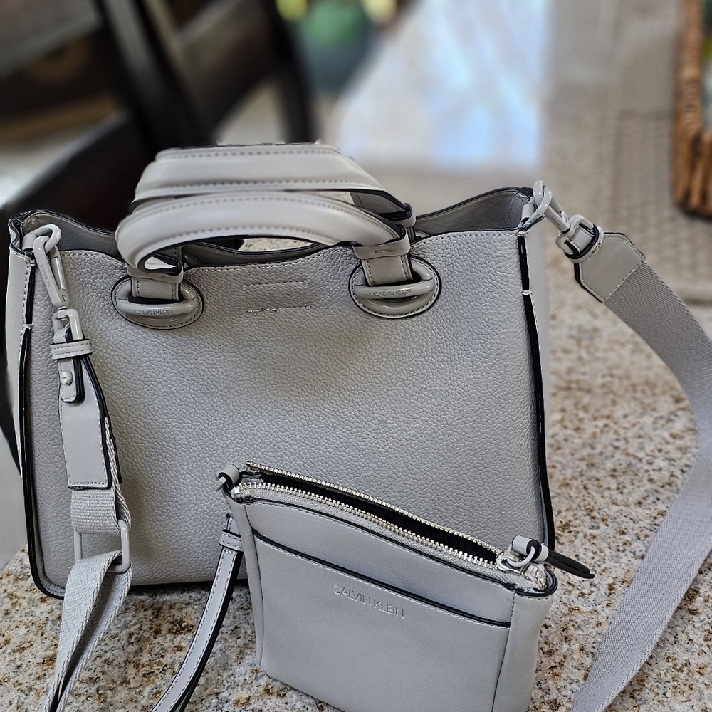 Calvin Klein Light Gray Pebbled Leather Tote with Detachable Crossbody Pouch